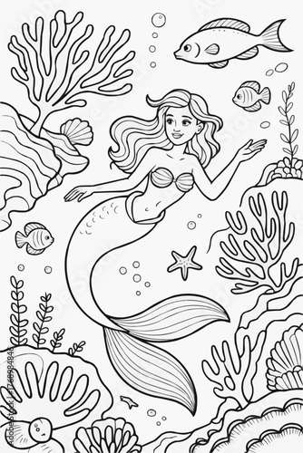 Beautiful Mermaid Coloring Page – Underwater Ocean Scene for Kids