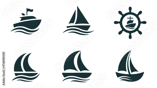 Nautical icons collection featuring ships sailboats and ship wheel for maritime design vector