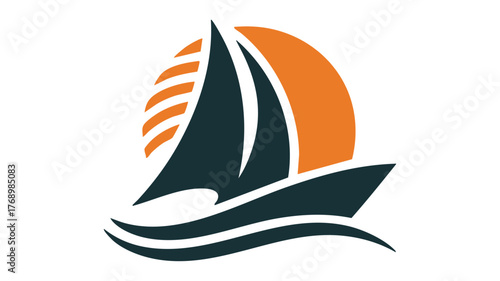 Modern sailboat logo design with orange sun and blue waves for nautical brands vector