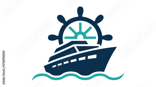 Modern cruise ship logo featuring a helm and ocean waves design vector