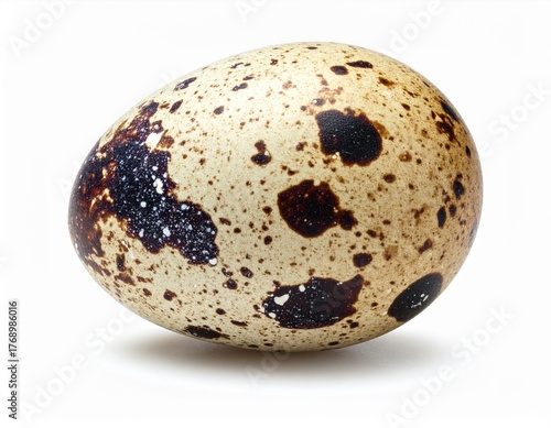 Detailed image of a speckled quail egg showcasing its unique patterns, perfect for culinary, nature, and organic themes.