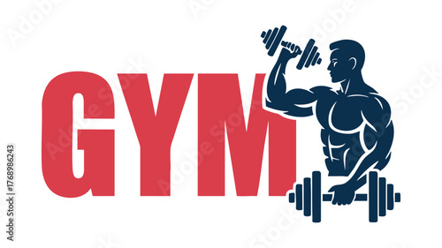 Dynamic gym logo featuring muscular figure dumbbells and bold red text vector