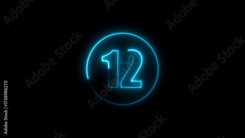 Electric Blue Neon Number 12 Encased in a Radiant Circle on a Black Canvas Keywords: 12, twelve, number, numeral, digit, count, counting, countdown, timer, time, clock, seconds, minutes, hours