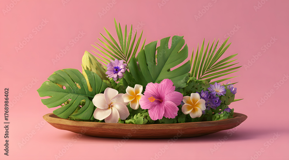 Obraz premium Colorful flowers and green leaves in a wooden tray