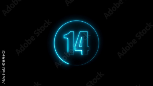 Bright Blue Neon Number 14 Inside a Glowing Circle on Black Background Keywords: 14, fourteen, number, numeral, digit, count, counting, countdown, timer, time, clock, seconds, minutes, hours
