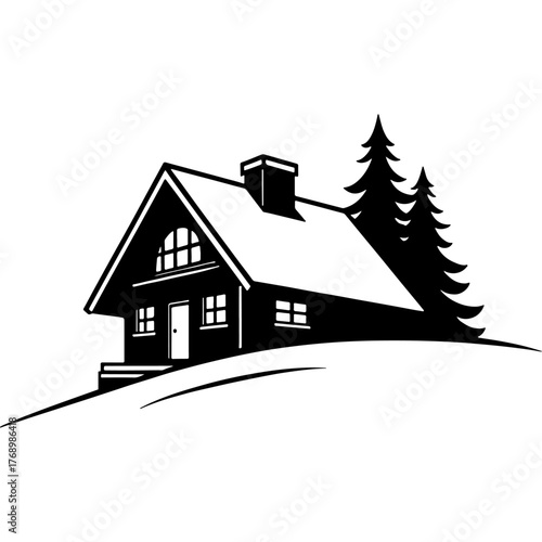 Mountain lodge for ski tourists. Engraving minimalistic vector in black ink drawing on transparent background