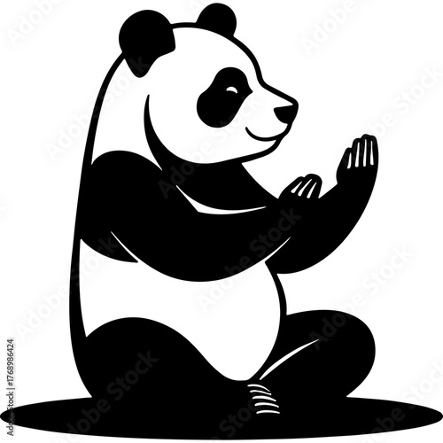 Black and white panda doing yoga exercises while sitting. Engraving minimalistic vector in black ink drawing on transparent background