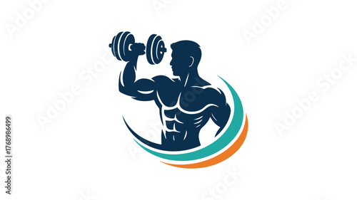 Strong muscular man lifting dumbbell fitness gym logo design vector