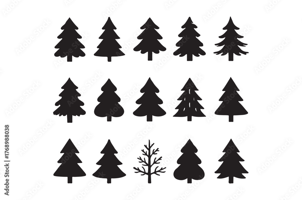 Obraz premium Variety of black silhouette pine trees and a bare branch design