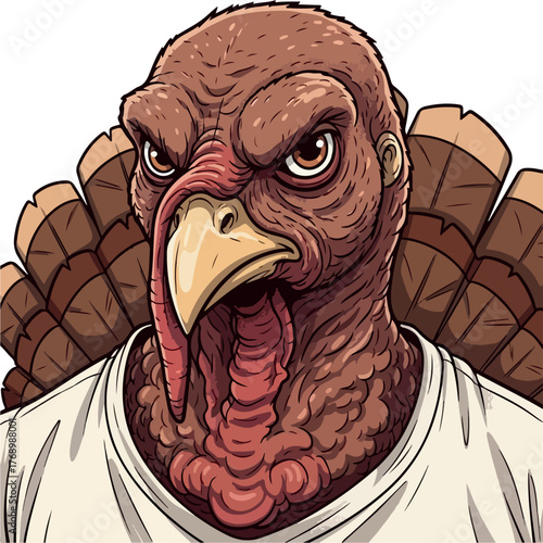 Cartoon turkey looks grumpy wearing a white tee shirt against a transparent background