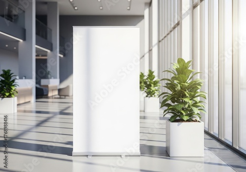 White blank roller banner stand in a modern lobby with plants and large windows for advertisement