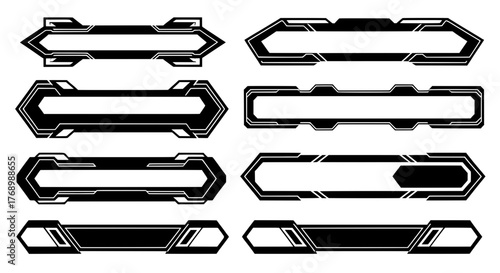 Set of hexagonal sci-fi lower third banners with a futuristic tech theme. Black and white vector graphics for gaming streams and modern video overlays.