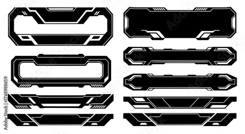 Set of futuristic black and white lower third banners and frames. Modern techwear design for esport streaming, video overlays, and sci-fi HUD graphics.