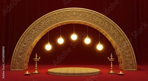 Elegant Kerala Style Stage with Golden Arch and Lamps.