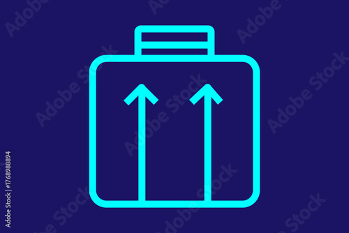 The image depicts a minimalist neon line icon of a luggage with upward arrows, symbolizing baggage delivery, luggage handling, or luggage forwarding service.