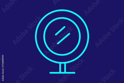 The image shows a minimalist neon line icon of a round vanity mirror or makeup mirror on a stand.