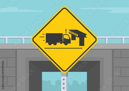 Safe driving tips and rules. Close-up view of low clearance or bridge ahead sign on a concrete bridge background. Flat vector illustration template.