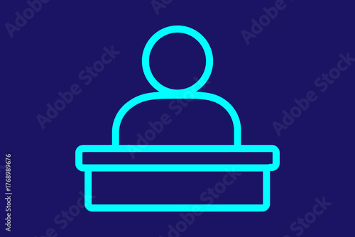 The image is a simple, vector-style icon that represents a person standing behind a desk or counter.