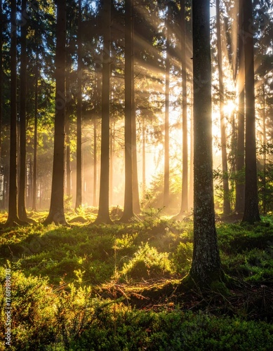 A serene forest with sunlight streaming through tall trees.