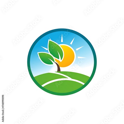A vibrant nature scene with sun, leaves, and rolling green hills
