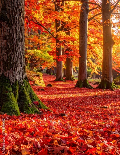 Autumn woodland with a carpet of red and orange leaves under towering trees.