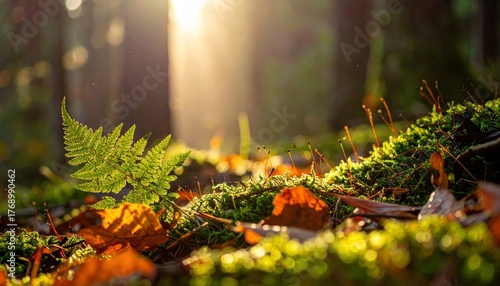 Close-up of forest floor with ferns, moss, and fallen leaves in soft sunlight.