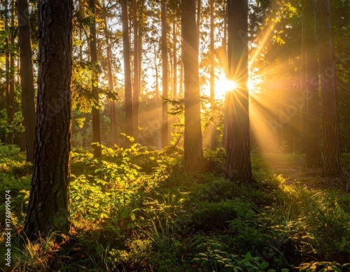 Sunset light filtering through a dense forest, highlighting tree trunks and leaves.