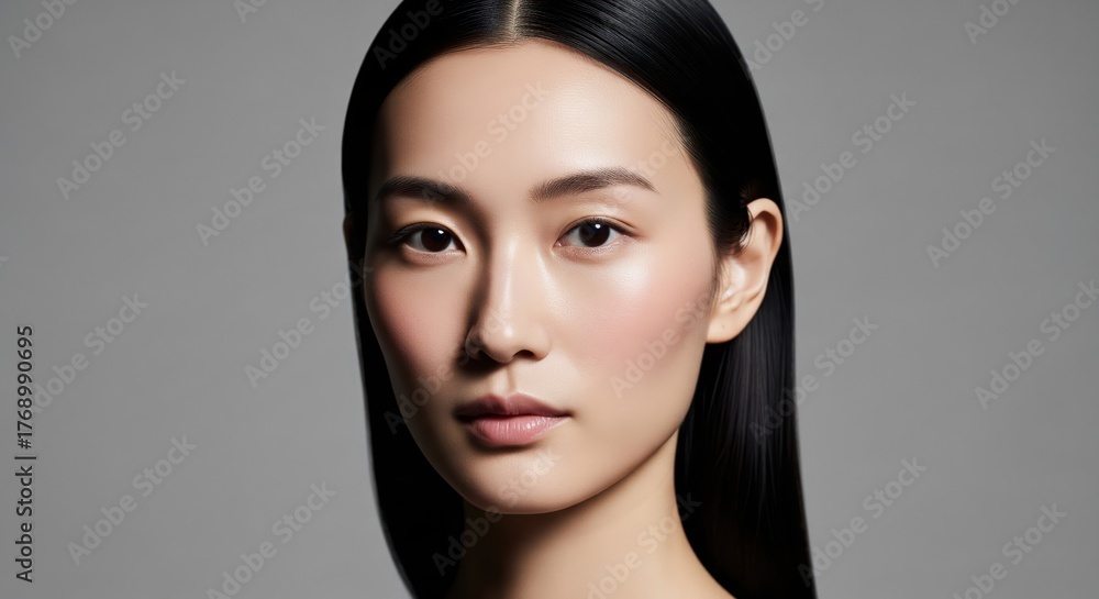 Naklejka premium A portrait of a Japanese person, fair skin, subtle blush, refined jawline, straight dark hair, delicate and calm expression, studio lighting, 8K