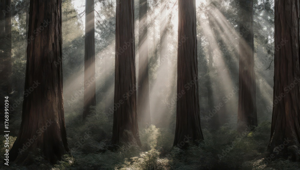 Naklejka premium Sunlight streams through a redwood forest