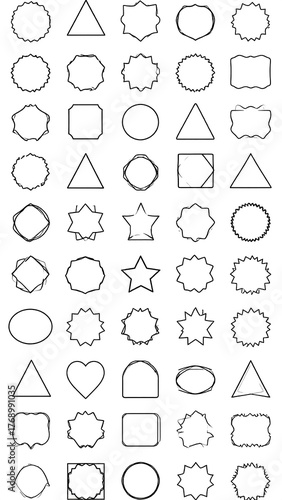 Array of simple shapes and outlined geometric figures in black