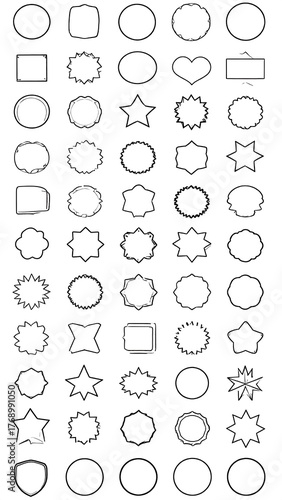 Array of various black and white geometric shapes and frames