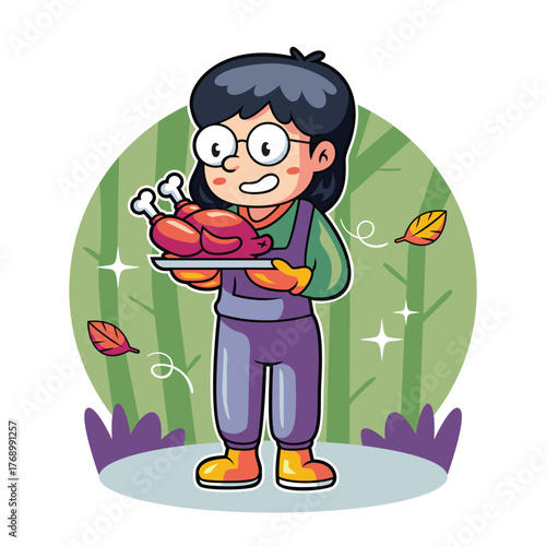 Kid Serving Roast Turkey