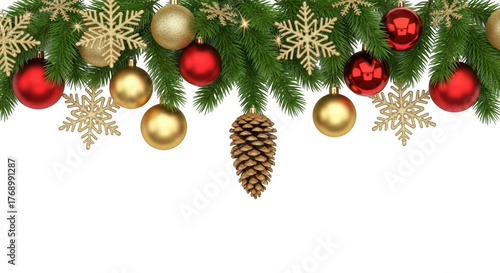 Festive christmas garland isolated on transparent background, adorned with gold snowflakes, red and gold ornaments, and pine cone