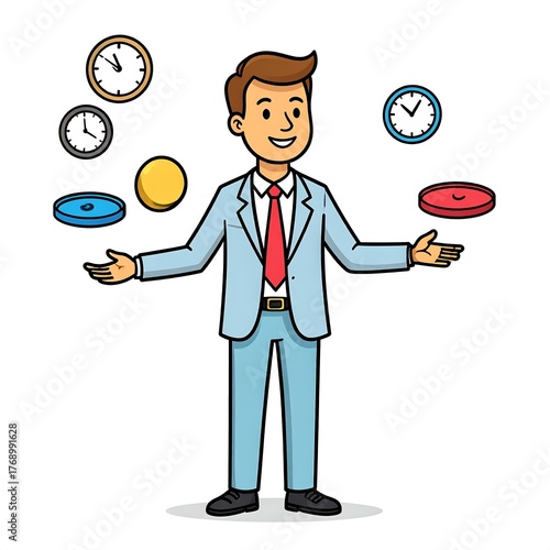 Cartoon businessman juggling clocks and objects to represent time management