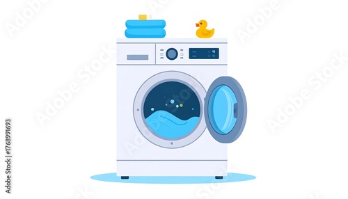 Cartoon depiction of a washing machine with an open door, water inside, and a rubber duck