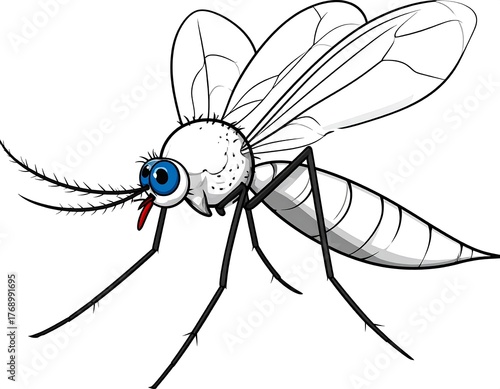 Cartoon depiction of an insect with striped body, long legs, and transparent wings