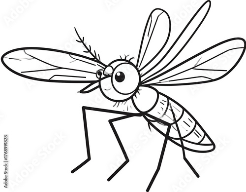 Cartoon illustration of a mosquito with large eyes, wings, and legs