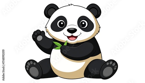 Cartoon panda sitting, waving, holding a green leafy stem