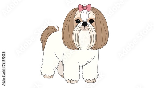 Cartoon Shih Tzu illustration, standing, with pink bow, neutral background