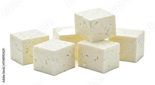 Pile Of White Cubes Feta Cheese Isolated Transparent Background Realistic Photo