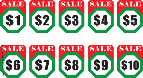 Vector illustration of green hexagon price discount tags