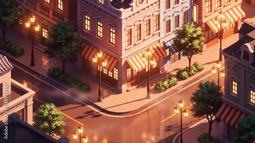 Cozy Small Town Street Corner with Warm Evening Lights and Classic Architecture