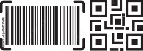 qr code and barcode icons set. payment and identification. Simple digital scanning. mobile phone, barcode, qr code, scan me, scan now, scan here, black and white, minimalist,