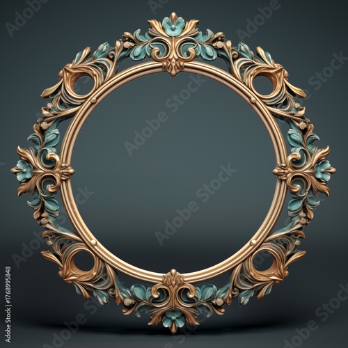 Ornate Gold Round Frame on Dark Background - Classic Baroque Style Empty Picture Border