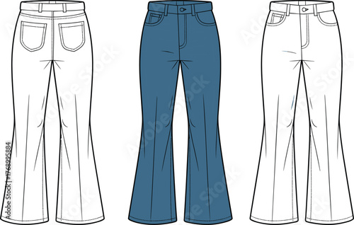 Cad drawing flat vector illustration, high-waisted flared jeans front back view, fashion mockup, denim design template, garment layout