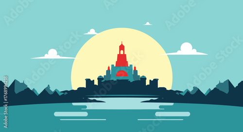 Scenic illustration of a fortress or palace silhouetted against a setting sun over water and landscape