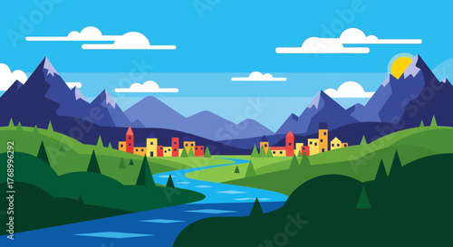 Landscape Illustration Serene River Flows Through Valley Towards Colorful City Under a Bright Sky