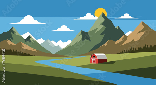Serene Mountain Landscape with a Red Barn and Winding River