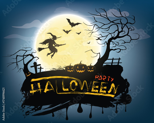 Gothic Halloween scene featuring a witch, bats, scary trees, and jack-o'-lanterns, all silhouetted against a bright full moon. Ideal for holiday promotions.