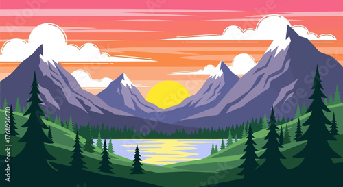 Serene Mountain Lake at Sunset with Snow-Capped Peaks and Evergreen Trees